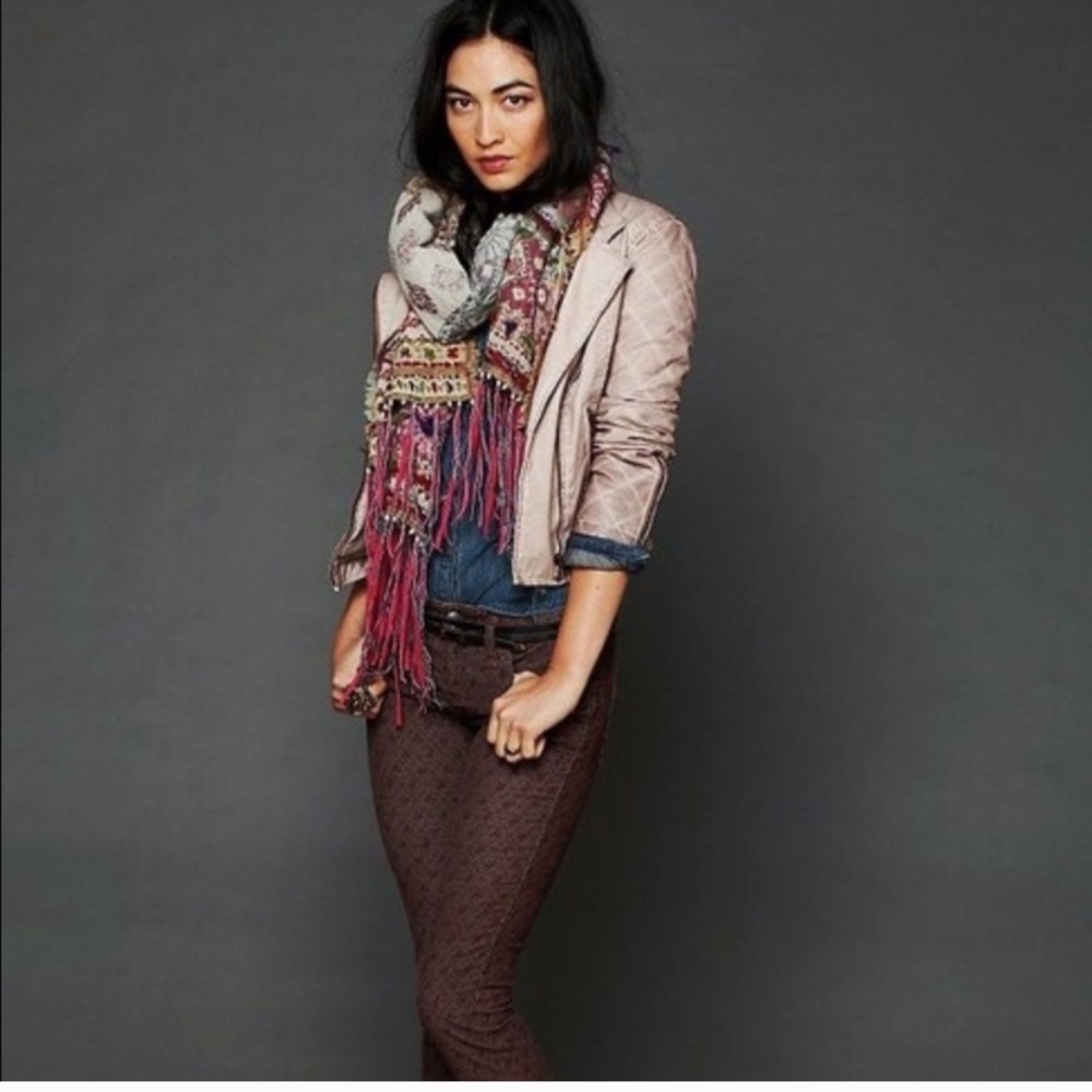 FP Leather Distressed Moto Jacket in Beige/Rose